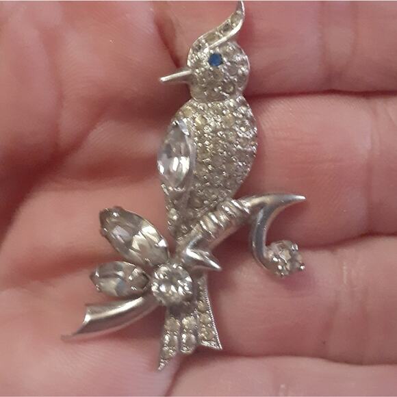 1950s Kramer New York Rhodium Rhinestone Bird Pin Brooch - Picture 2 of 4